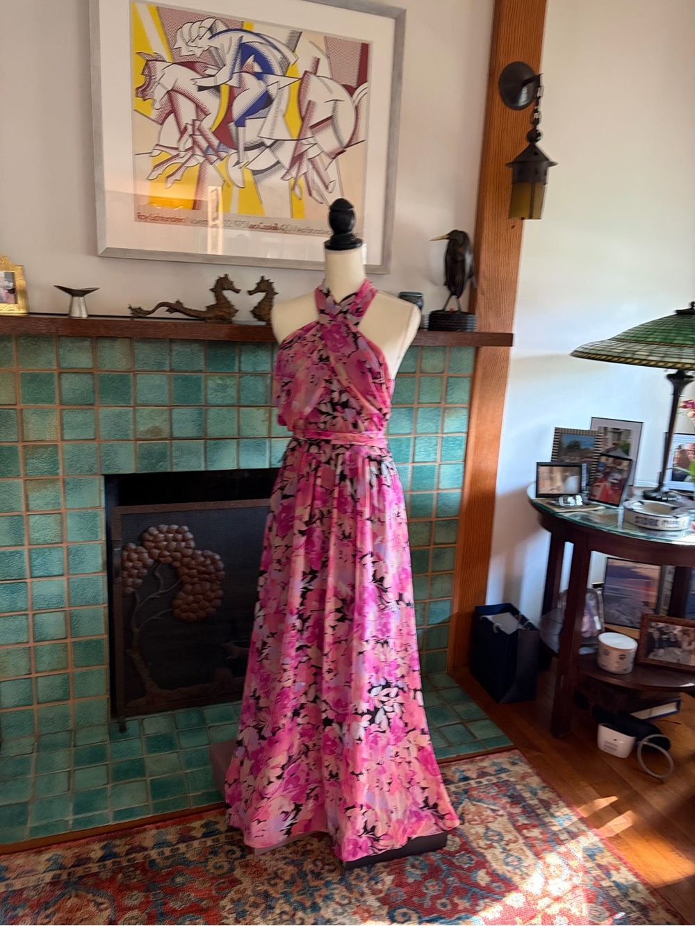 London Times Pink & Black Floral Halter Maxi Dress